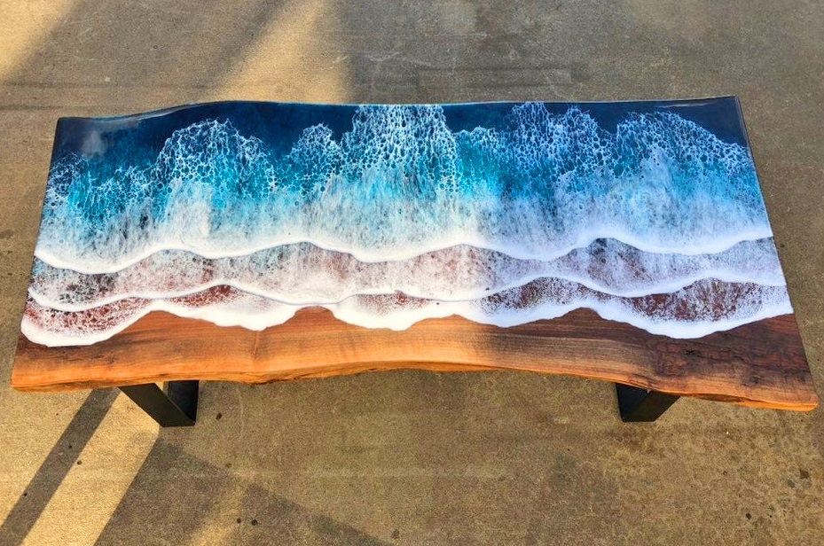 Ocean Waves Console Table, Resin on Live Edge Wood